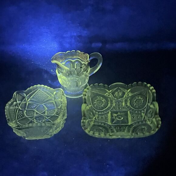 Lot 3 UV Glassware-Dishes And Creamer-Depression Glass Gold Trim-EAPG-UV - Picture 3 of 12